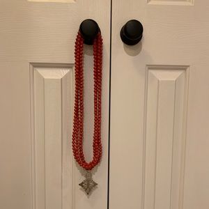 Red Akola 21 inch Necklace With Red Beads & Silver Cross